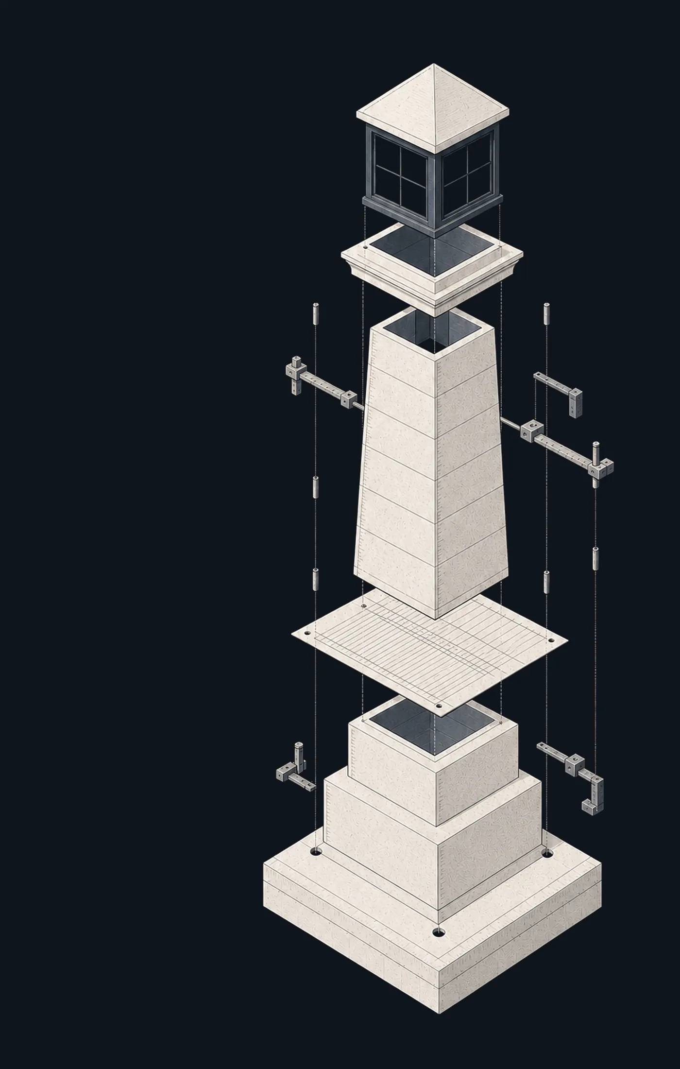 Exploded drafting of a stone lighthouse column — stepped plinth, ruled shaft, gallery cornice, and lantern room rising on a single measured axis